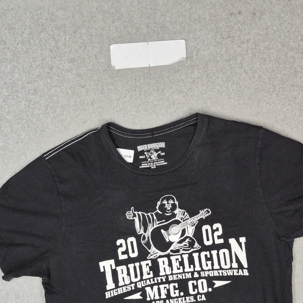 True Religion Men Shirt M/M Black Graphic Guitar Buddha Logo Short Sleeve